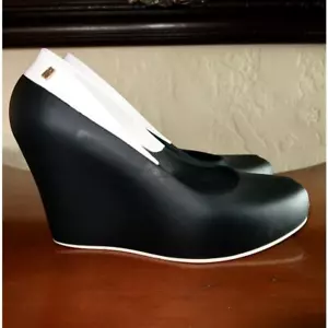 Melissa Black Block Wedges Peep Toe White Detail Pin-up Rockabilly Rubber Size 8 - Picture 1 of 10