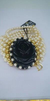 DEA PREZIOSI BRACCIALE DONNA ARGENTO 925 FILI PERLE CENTRALE ROSA ONICE NERO - Immagine 1 di 4