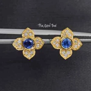 10mm 14k Yellow Gold Natural Blue Sapphire Diamond Quatrefoil Ear Studs Post - Picture 1 of 10