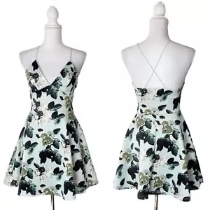 Überarbeitetes Spaghettiträger V-Ausschnitt Blumen Rosen Mini Fit Flare Kleid Freizeit Small - Bild 1 von 6
