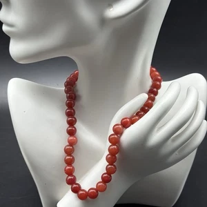 Red Carnelian-Style Gemstone Bead Necklace 16” – Round Polished Beads - Picture 1 of 10