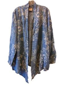 Laurie Felt Penny Lane Paisley Jacket Large Kimono Open Front Blue Wht Longline - Picture 1 of 8