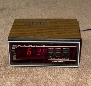 Vintage Computemp 3 Digital LED Alarm Clock Woodgrain Retro 70s 80s WITH PROBE - Picture 1 of 5