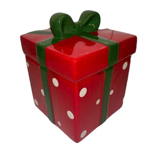Christmas Gift Box Present Package Ceramic Cookie Jar Festive Deco Holiday Bday - Picture 1 of 7