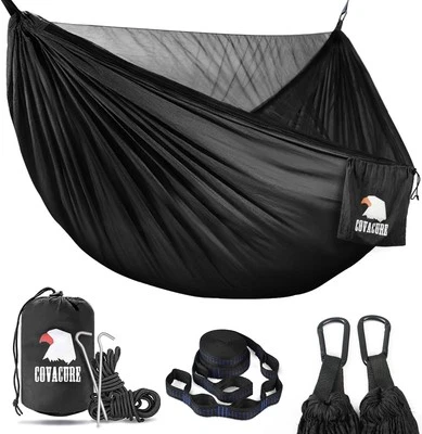 COVACURE Hängematte Outdoor mit Moskitonetz - 350kg Schwarz