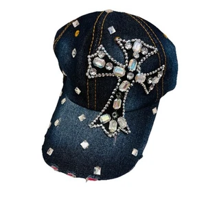 Denim Diamond Cross Fashion Stylish Hat Bling Casual Baseball Cap Strap Unisex - Picture 1 of 7