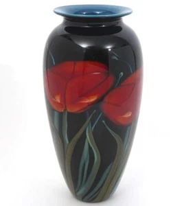 Kunstglas Richard Satava Studios signiert 737-97 schwarz rot blau Vase, 12" - Bild 1 von 6