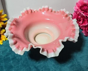 Antique Victorian Hand Blown Pink White Ruffled Edge Bride Basket Bowl - 10.5"D - Picture 1 of 6