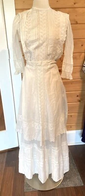 Antiguo vestido victoriano de césped, encaje, pin tucks, falda de doble nivel XS como está Foto 1 de 4
