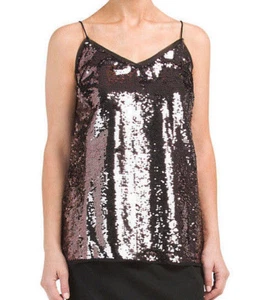 WD.NY Metallic Sequin Party Top M Spaghetti Straps V Neck Bronze Black Lined NWT - Picture 1 of 8