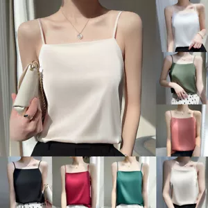 Womens Silk Camisole Satin Spaghetti Strap Vest Tank Tops Sleeveless T-Shirt Tee - Picture 1 of 35