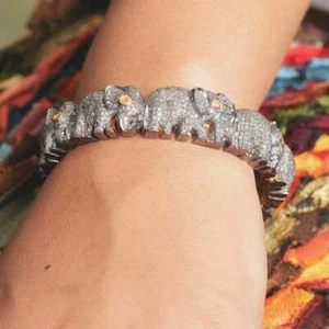 Round CZ Pave Elephant Designer Fashion 925 Sterling Silver Handmade Bracelet - Picture 1 of 4