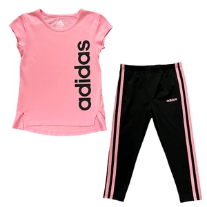 adidas Little Girls T-Shirt & Leggings Outfit Set Size 4-5 Black/Pink - 2 Piece - Picture 1 of 13