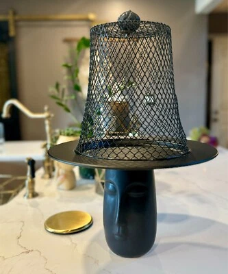 Matte Black PEDESTAL CAKE SERVING STAND Plate Tray w/FACE Man Mesh Hat Dome Lid - Image 1 of 4