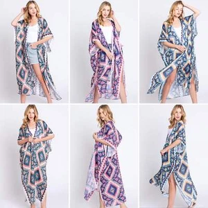 Mantón largo kimono frente abierto estampado azteca beige, azul o rosa cubierta - Imagen 1 de 15