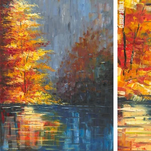 35W"x47H" FALL TREE REFLECTIONS STRETCHED ORIGINAL OIL PAINTING CANVAS - Picture 1 of 10