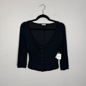 Free People Scoop Neck 3/4 Sleeve Crop Top Size M Black Button Up Ribbed - Picture 1 of 6