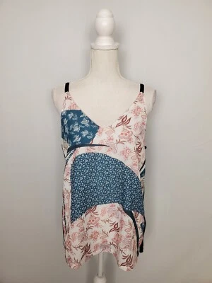Warehouse Pink & Blue Floral Patchwork Print Tank Stretchy Black Back Womens 12. - Image 1 of 4