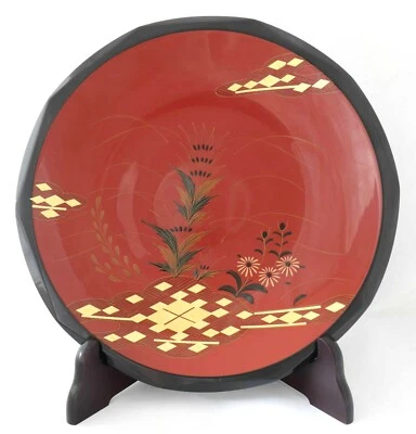 Japanese Wood Plate Tray with Stand Ouchi Lacquer Ware Red 30.3cm 11.9" Vintage - Image 1 of 4