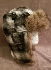 Authentic American Eagle Outfitters Black/ White Plaid Trapper Cap Hat Brown Fur - Picture 1 of 5