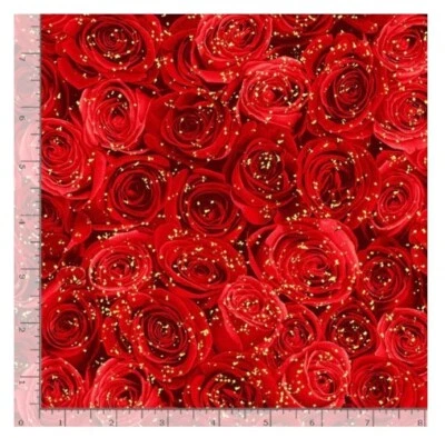 BTY TT Gilded Red Roses Gold Metallic Print 100% Cotton Quilt Craft Fabric Yard - Image 1 of 2