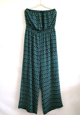 Maurices Womens Blue Strapless Diamond Print Cropped Wide Leg Romper Size XL - Image 1 of 4
