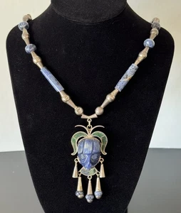 Vintage Taxco Mexico Sterling Silver Carved Mask Necklace Malachite Lapis Lazuli - Picture 1 of 16