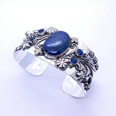 925 Sterling Silver Lapis Lazuli With Tanzanite Gemstone Jewelry Cuff Bracelet - Image 1 of 4