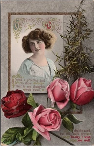 POSTKARTE-GRÜSSE ZUM GEBURTSTAG-YONG WOMAN-ROSEN-GEPRÄGT-GEDICHT - Bild 1 von 2