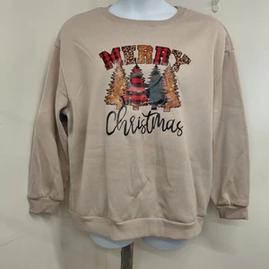 Shein Sweatshirt Damen 2XL hellbraun Merry Christmas Trees Print Fleece gefüttert Xmas  - Bild 1 von 12