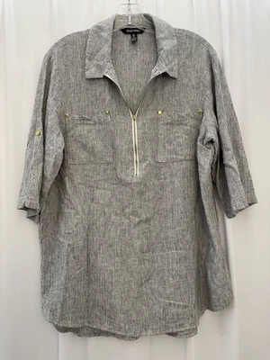 Ellen Tracy Women's Tunic Blouse Top Size L Gray White Striped Roll Tab Sleeves Foto 1 de 4