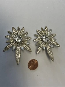 Vintage THELMA DEUTSCH Rhinestone Statement Clip-on Earrings ~ Signed - Picture 1 of 5