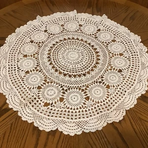 Vintage Large 30” Round Hand Crocheted Cream Cotton Doilie Tablecloth - Picture 1 of 5