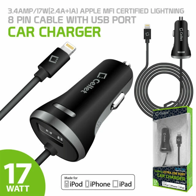 Cellet 17 Watt/3.4 Amp Apple MFI Certified Car Charger - Black