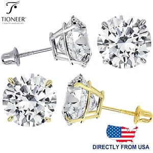 14K Solid Gold Round Solitaire Cubic Zirconia Men Women Ear Stud Earring 2mm-8mm - Picture 1 of 6