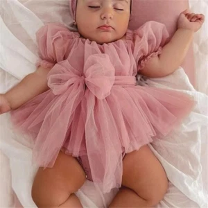 Baby Girl Tulle Romper Dress with Bow & Headband 0-24M - Picture 1 of 7