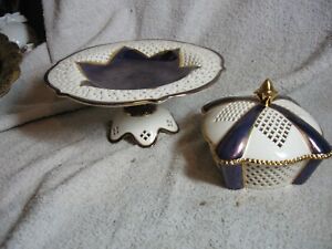 2 ITEMS,STAFFORDSHIRE CREAMWARE  RETICULATED LIDDED POT AND TAZZA / CAKE STAND