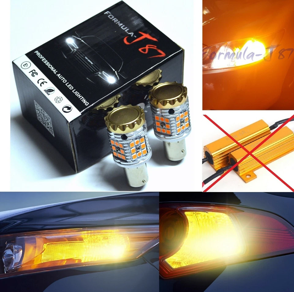Hyper Flash Free LED Light 1157 Amber Two Bulbs Front Turn Signal Upgrade Stock - Image 1 of 4