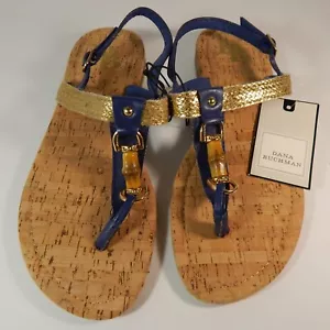 New Dana Buchman Sandals Flat Thong Women’s Size 7-8 Blue Gold Strap - Picture 1 of 5