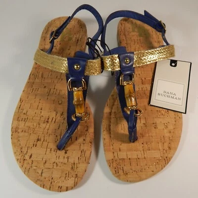 Nuevas sandalias Dana Buchman tanga plana para mujer talla 7-8 correa azul dorada Foto 1 de 4