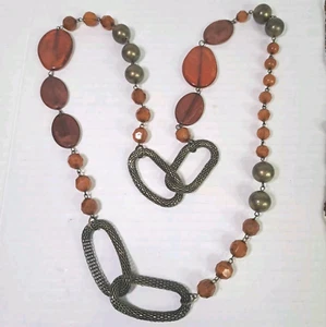 Amber Glass Faux Beaded Pewter Fashion Necklace 38" Jewelry - Picture 1 of 7