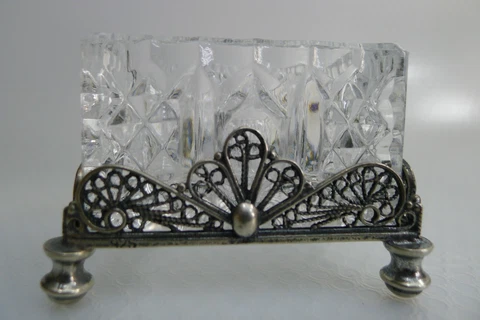 Vintage Open Salt Cellar Crystal Bowl w Filigree Silver 925 (sterling silver) Cover