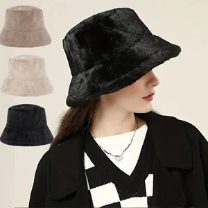 Soft Plush Womens Winter Warm Bucket Hat Wide Brim Fluffy Fisherman Faux Fur Cap - Picture 1 of 36