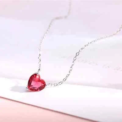 Sterling Silver Ruby Heart Necklace, Red Heart Pendant with Chain, Heart Choker - Image 1 of 4