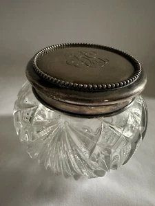 Antico grande J.Co. barattolo polvere cristallo taglio coperchio argento sterling MRC monogramma - Foto 1 di 13