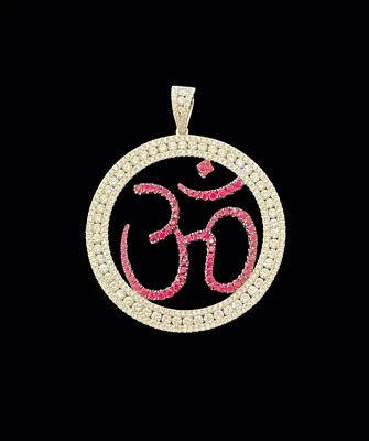 18 k White Gold Pave Diamond & Ruby Om Pendant Religious Jewelry - Image 1 of 2