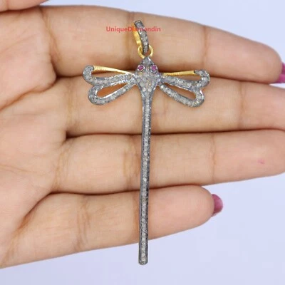 Natural Pave Diamond Dragonfly pendant 925 sterling silver handmade pendant gift - Image 1 of 4