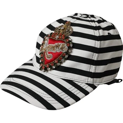 Gorra de béisbol Dolce & Gabbana negra blanca a rayas con apliques de corazón Amore 57/S Foto 1 de 4