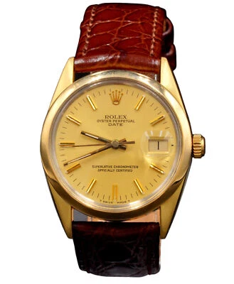 Rolex Date Mens 14k Yellow Gold Shell Watch 15505 w/Brown Strap & Champagne Dial - Image 1 of 4