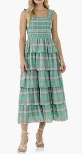 ENGLISH FACTORY Anthropologie Smocked Green Plaid Tiered Midi Dress size S - Picture 1 of 8